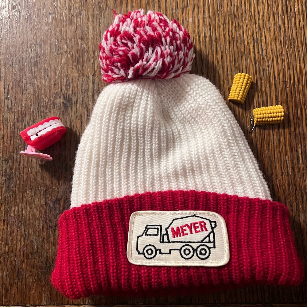 vintage Meyer toboggan style - Vintage Red and White Knit Beanie with Pom Pom